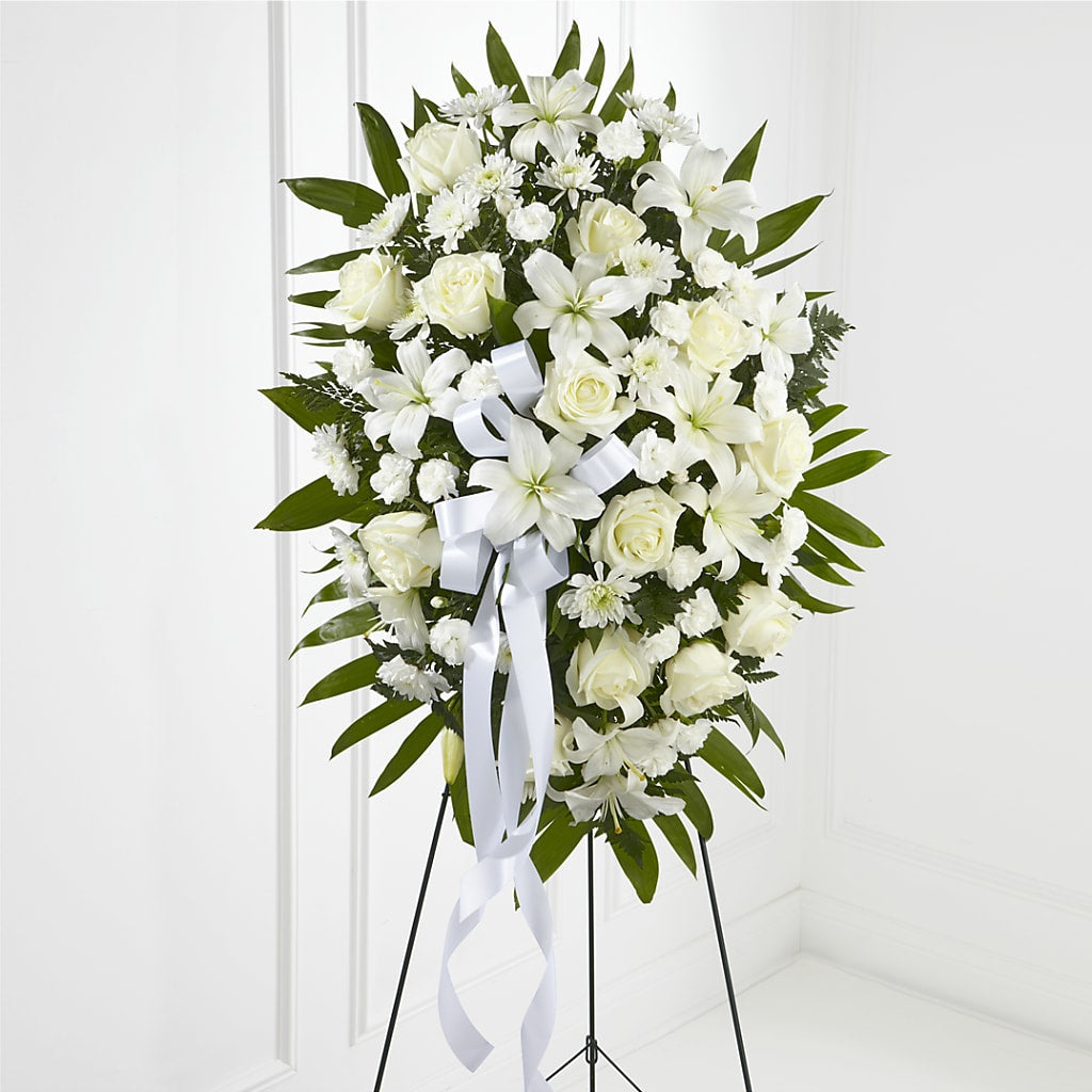 Exquisite Tribute Standing Spray-White Ribbon – Sunflower Florist Of Virginia Llc, Alexandria VA